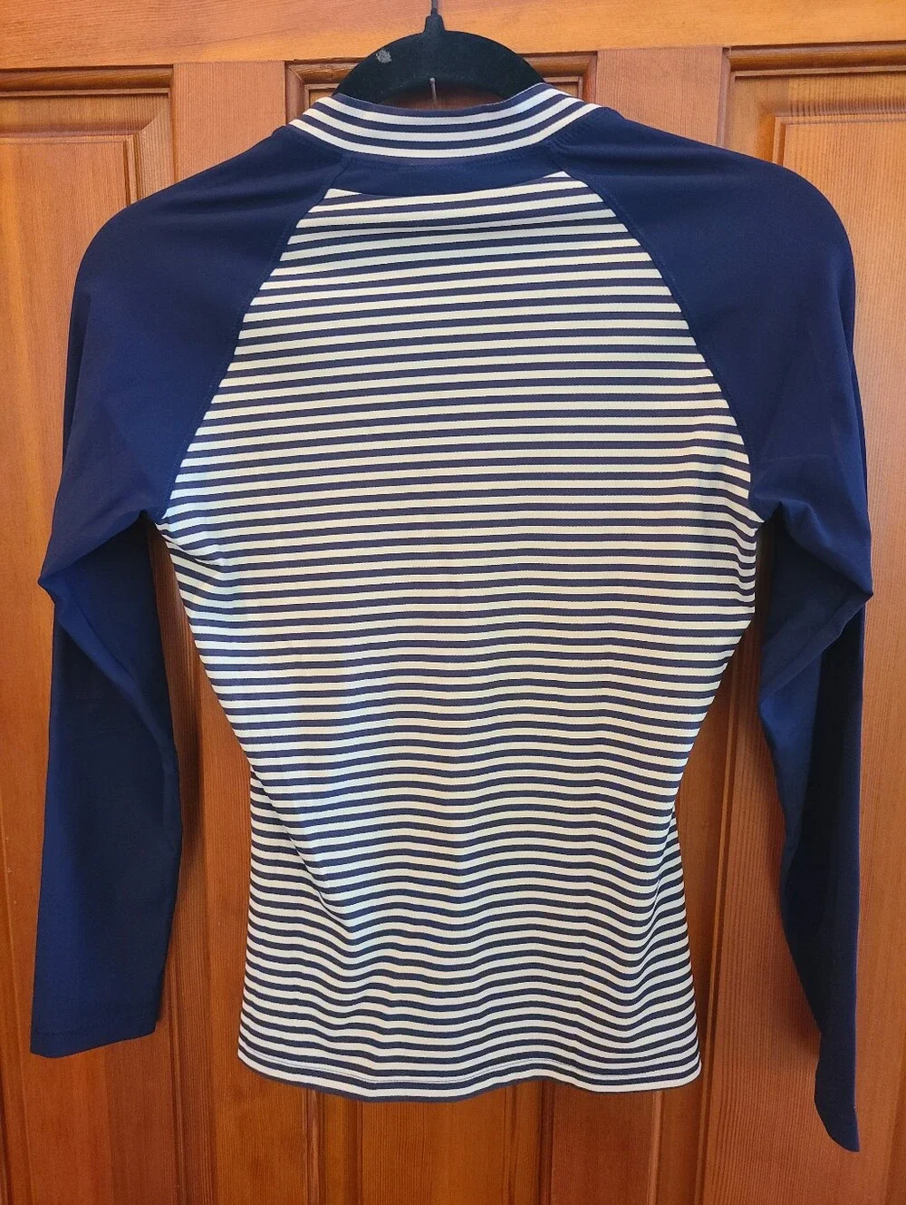 Tory Burch Navy and White Striped Zip Rash Guard with Blue Floral Accent S